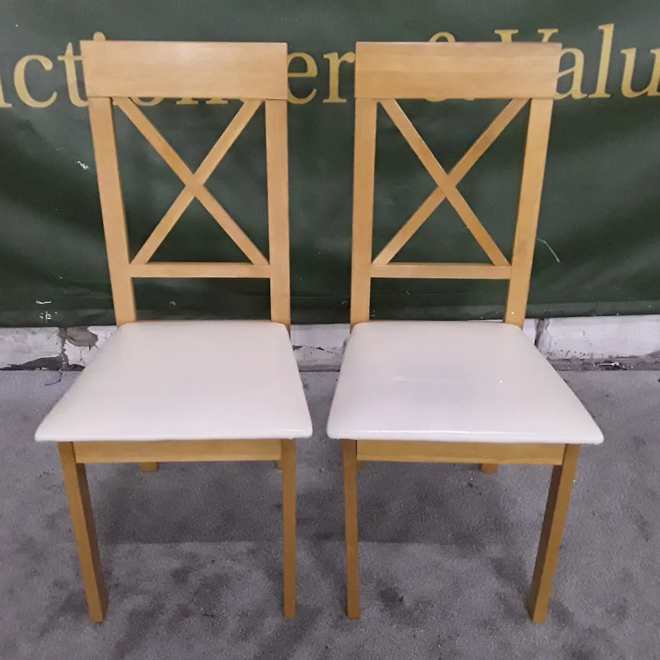 SET OF 2 NEW KENDAL OAK DINING CHAIRS (CREAM LEATHER SEAT PADS)