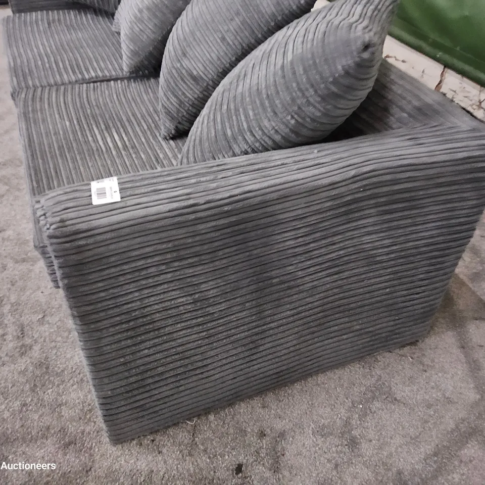 DESIGNER THREE SEATER SOFA WITH SCATTER CUSHIONS GREY JUMBO CHORD
