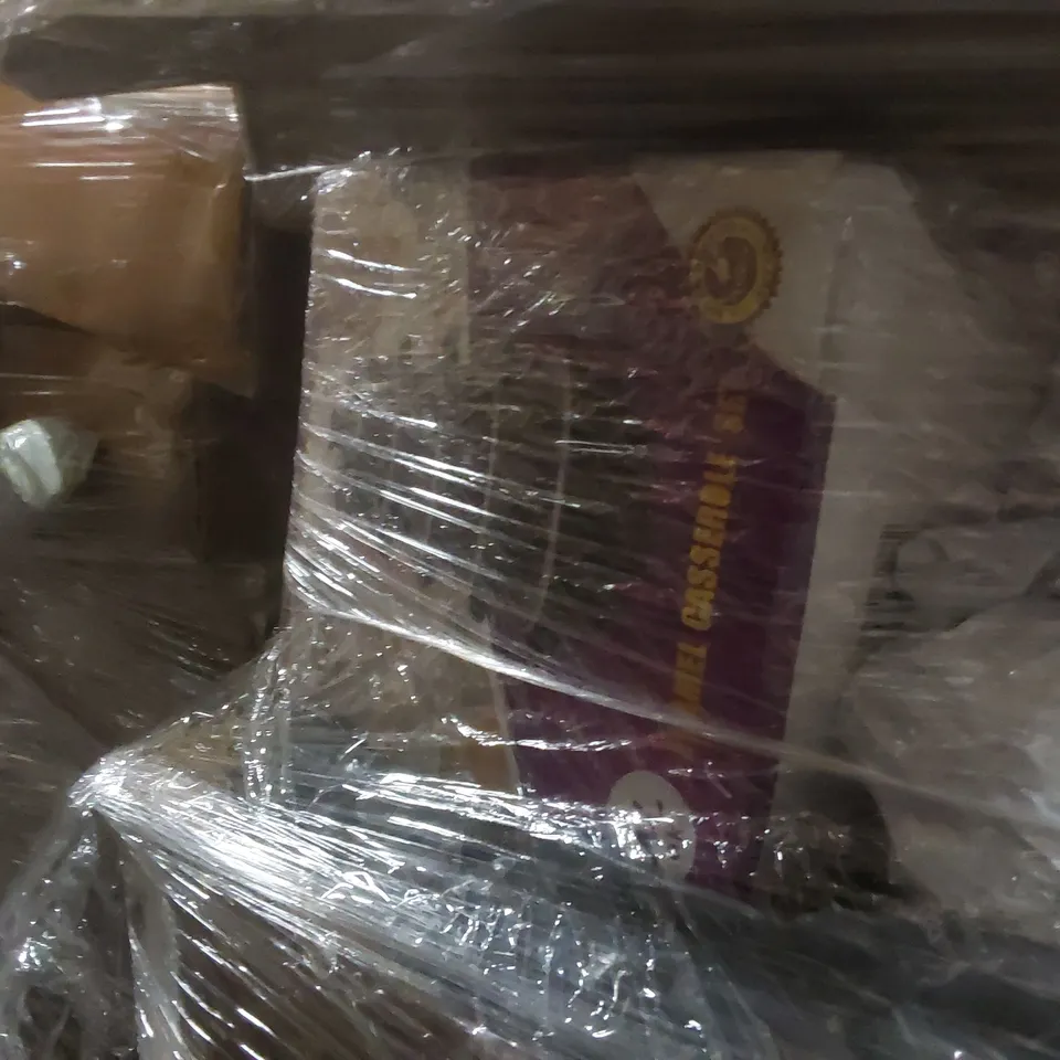 PALLET CONTAINING A LARGE QUANTITY OF ASSORTED PRODUCTS TO INCLUDE: CASSEROLE SET, CAN OPENER, LEAF BLOWER ECT
