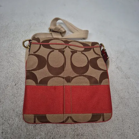 COACH HANDBAG β SIGNATURE BEIGE/BROWN WITH RED PANEL AND SHOULDER STRAP