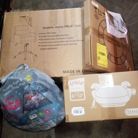 PALLET CONTAINING ASSORTED PRODUCTS INCLUDING OFFICE CHAIR, DECORATIVE WALL CLOCK, FOLDABLE PLAY MAT & KIDS BOOSTER SEAT