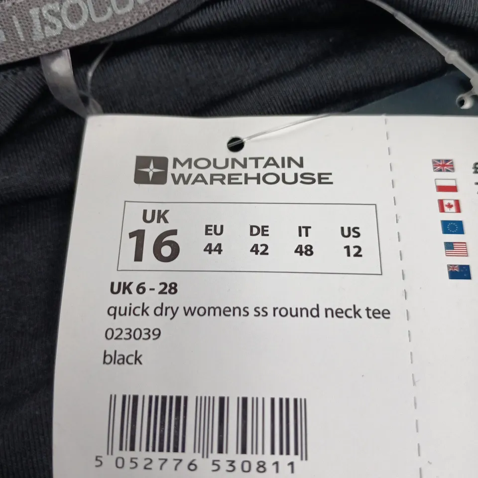 MOUNTAIN WAREHOUSE UK 16 WOMEN'S QUICK DRY SHORT-SLEEVE ROUND-NECK TEE – BLACK
