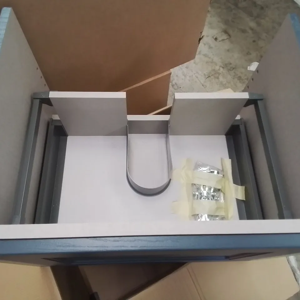 BOXED AS NEW CALYPSO CHELSWORTH WALL HUNG VANITY UNIT IN CONTOUR BLUE ASH - 585X447X413MM