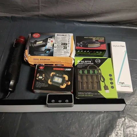 APPROXIMATELY NINE ASSORTED PRODUCTS TO INCLUDE; WORKING LAMP, STYLUS PEN, HOT AIR GUN AND HEADLAMP