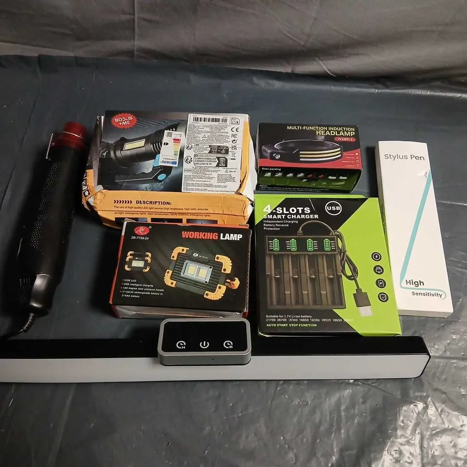 APPROXIMATELY NINE ASSORTED PRODUCTS TO INCLUDE; WORKING LAMP, STYLUS PEN, HOT AIR GUN AND HEADLAMP