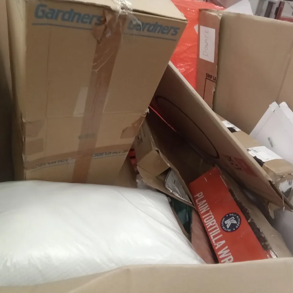PALLET OF ASSORTED ITEMS INCLUDING TRUNKI, HAIMMY INFRARED ELECTRIC HEATER, REDFIT GREENHOUSE, LYNCOHOME CHEST OF 8 DRAWERS,  CONTACT PAPER 