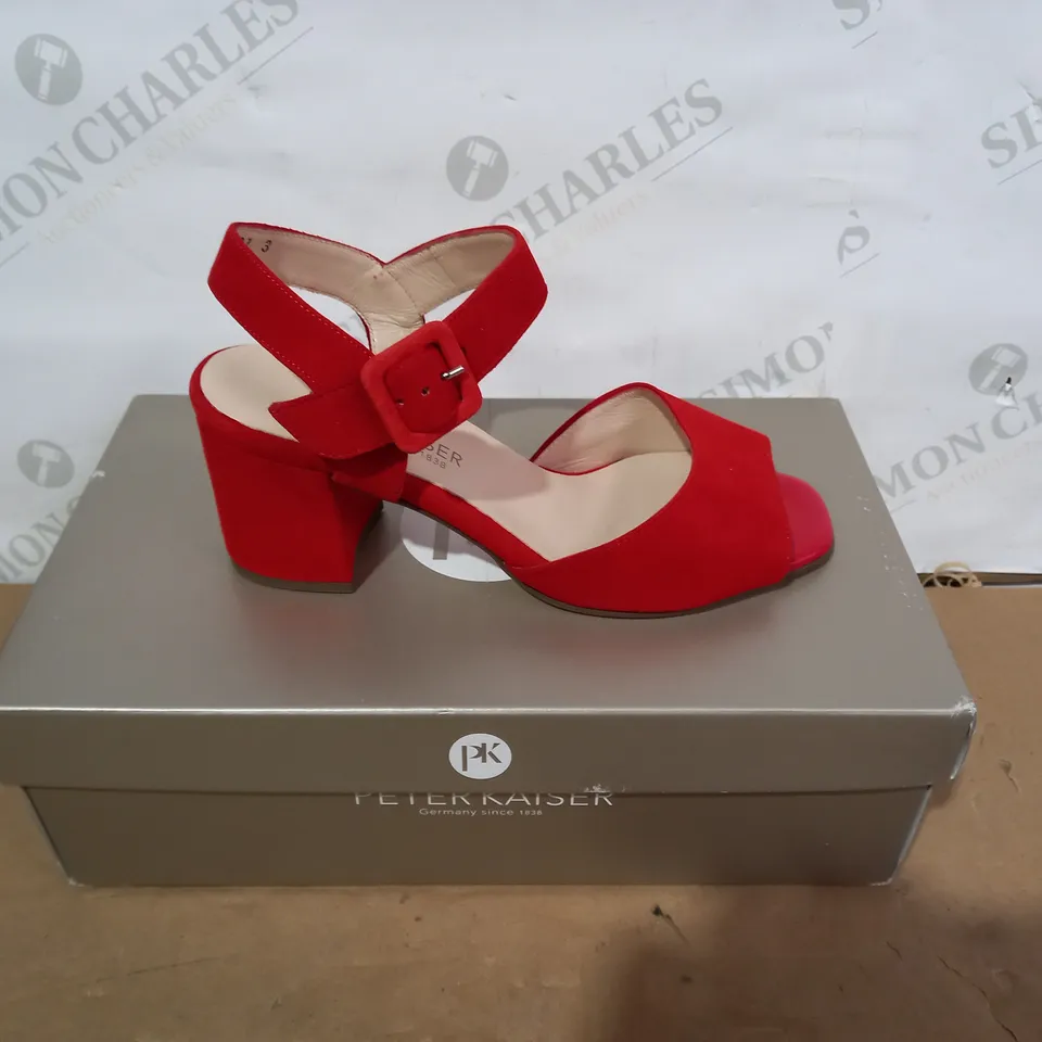 BOXED PAIR OF PETER KAISER HEELED RED SANDALS - SIZE 3