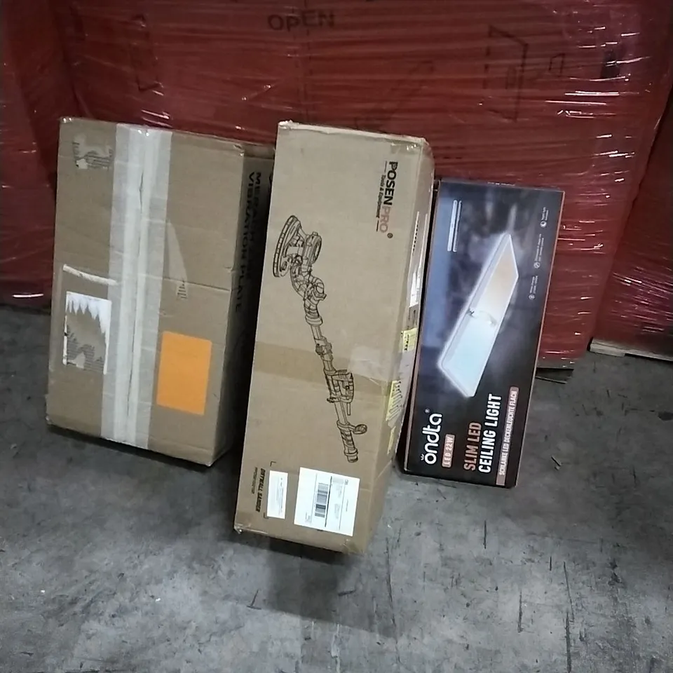 PALLET OF HOUSEHOLD ITEMS TO INCLUDE DRYWALL SANDER, CEILING LIGHT, VIBRATION PLATE AND OTHER ASSORTED ITEMS...