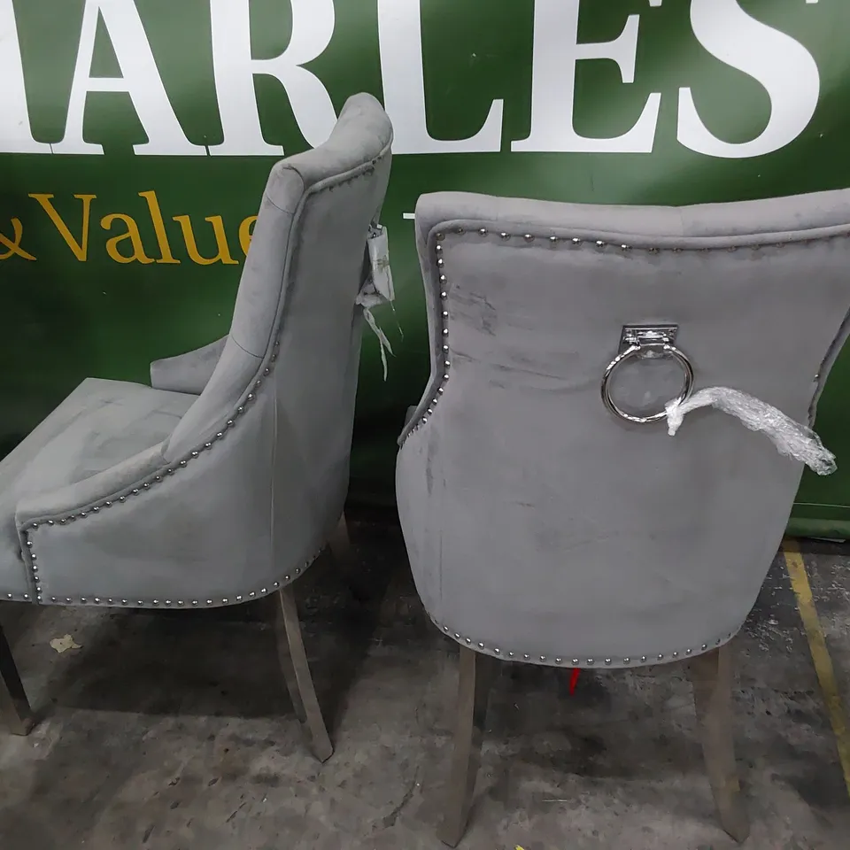 SET OF THREE UPHOLSTERED BUTTONED BACK RING DINING CHAIRS GREY PLUSH FABRIC WITH STUDDED DETAIL 