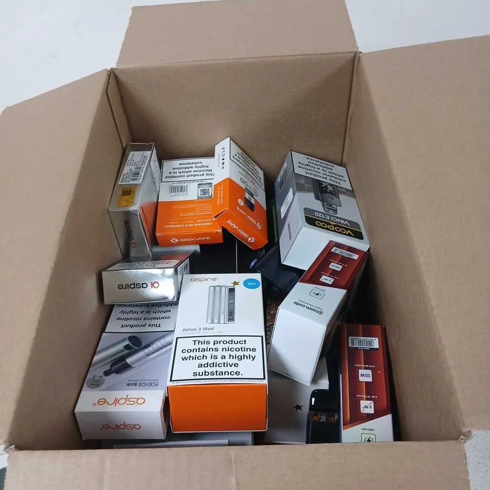 BOX OF APPROXIMATELY 35 ASSORTED E-CIGARETTES AND COMPONENTS TO INCLUDE:  ASSORTED OXVA VAPE KITS 