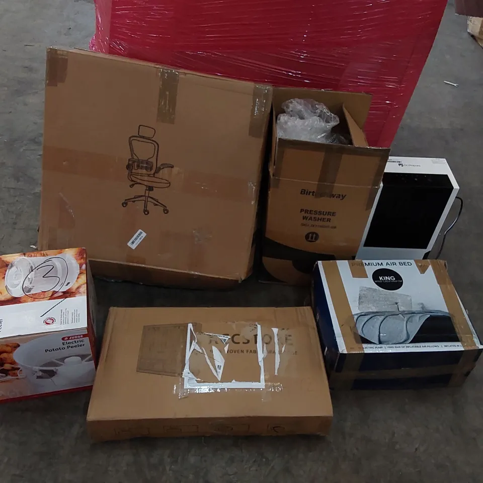 PALLET OF ASSORTED CONSUMER GOODS AND FURNITURE PRODUCTS TO INCLUDE; OFFICE CHAIR, BAR CHAIR, PRESSURE WASHER, PREMIUM AIR BED, ROTARY DEHUMIDIFIER, ELECTRIC POTATO PEELER, FABRIC WARDROBE ECT.