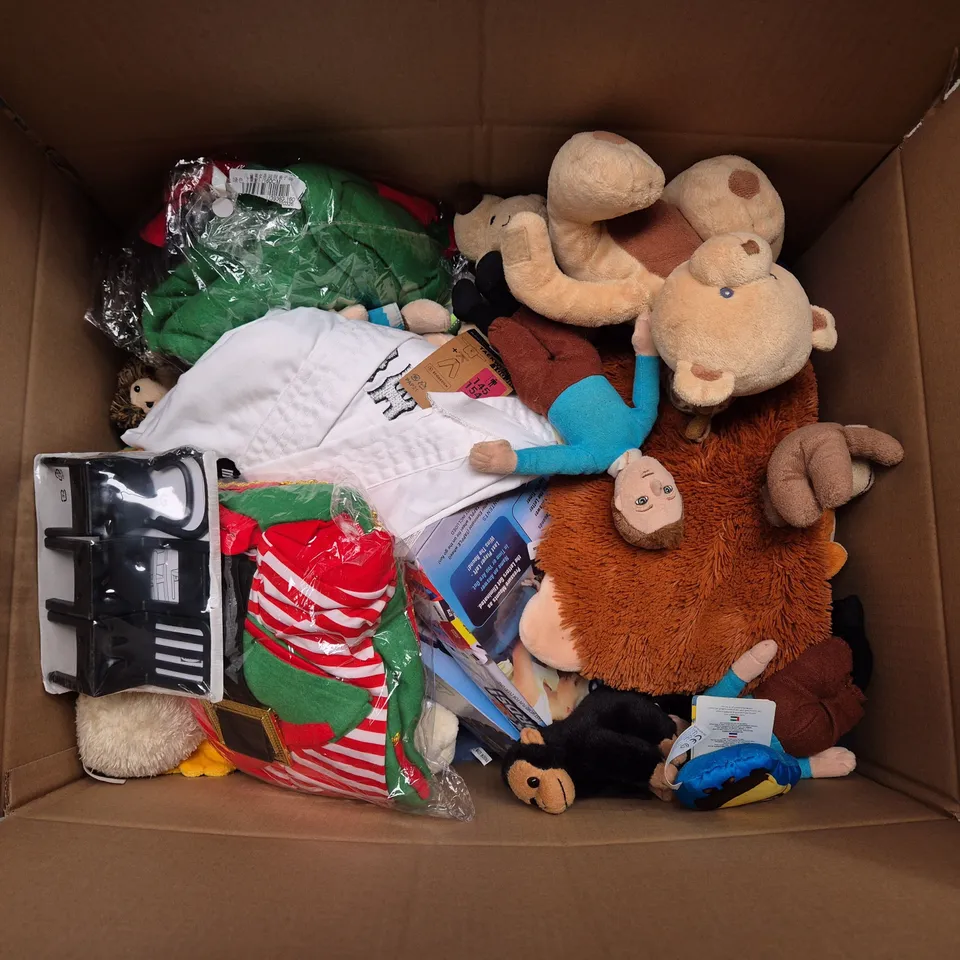 LARGE BOX OF ASSORTED TOYS AND GAMES TO INCLUDE TEDDIES, FANCY DRESS AND HAND SPEED GAME