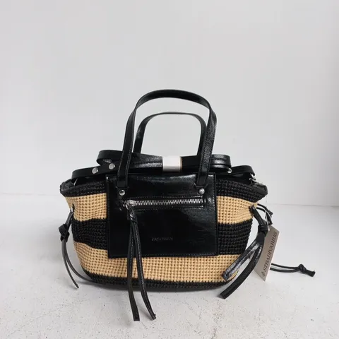 STRADIVARIUS WOVEN STRAW HANDBAG WITH BLACK PATENT TRIM