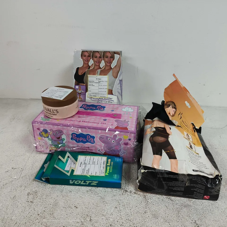 APPROXIMATELY 12 ASSORTED ITEMS TO INCLUDE COMFORTISSE BRAS, VOLTZ POWER BANK, PEPPA PIG STATIONERY COLOURING KIT, ETC