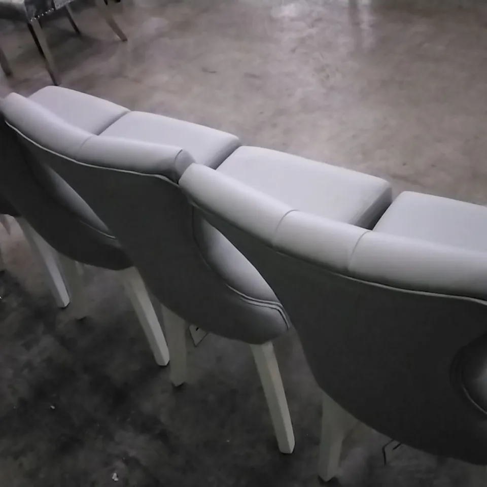 SET OF 4 GREY LEATHER BUTTONBACK DINING CHAIRS WITH WHITE WOODEN LEGS