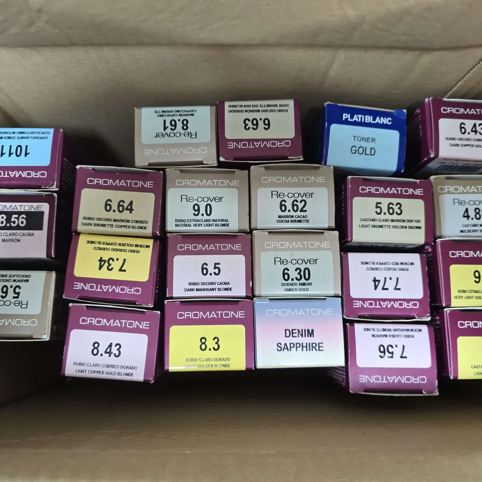 APPROXIMATELY 20 ASSORTED MONTIBELLO PRODUCTS TO INCLUDE CROMATONE RE.COVER COLOURING CREAM COCOA BRUNETTE, PLATI BLANC TONER GOLD TONER, CROMATONE METEORTES TONER DENIM SAPPHIRE, ETC - COLLECTION ONL