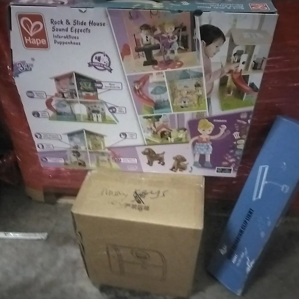 PALLET OF ASSORTED PRODUCTS AND HOUSEHOLD GOODS TO INCLUDE;AQUARIUM CLIP LIGHT,BAKERY TIN,KIDS PLAYHOUSE TOY