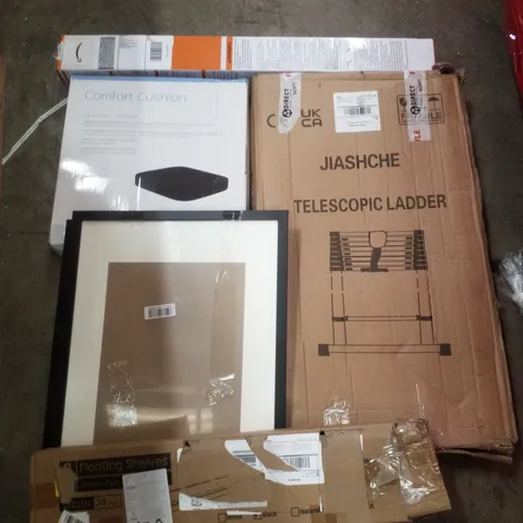 PALLET CONTAINING ASSORTED PRODUCTS INCLUDING RETRACTABLE SAFETY GATE, COMFORT CUSHION, TELESCOPIC LADDER, PICTURE FRAMES & FLOATING SHELVES