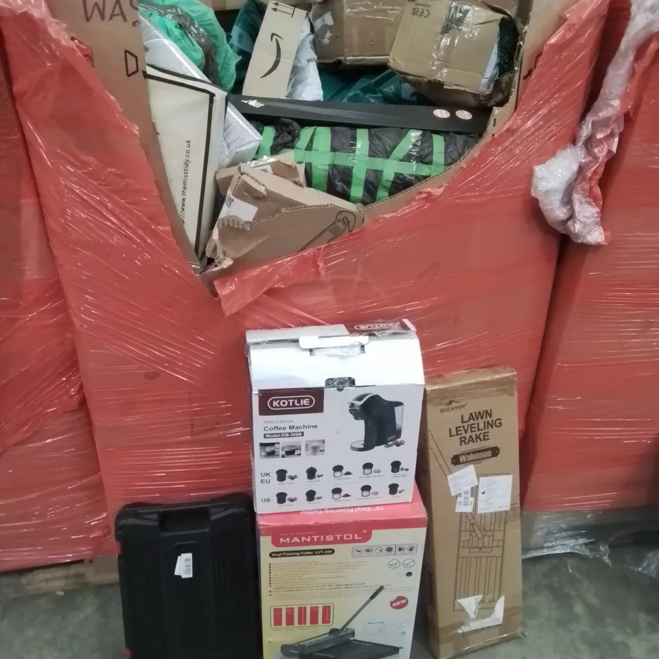 PALLET CONTAINING VARIOUS ASSORTED BOXED HOUSEHOLD ITEMS TO INCLUDE: LAWN LEVELING RAKE, VINYL FLOOR CUTTER, COFFEE MACHINE  AND LOTS MORE UNMARKED BOXED ITEMS 