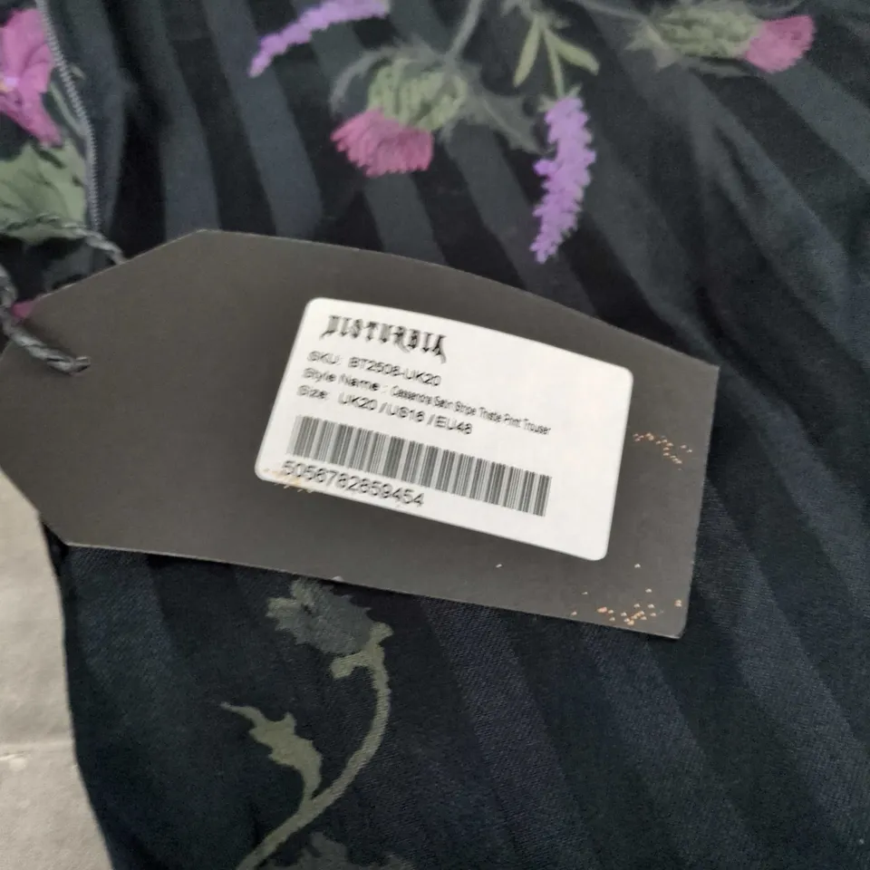 DISTURBIA CASSANDRA SATIN STRIPE THISTLE PRINT TROUSER IN BLACK SIZE 20