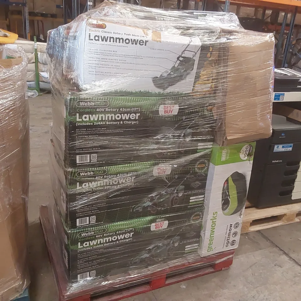 PALLET CONTAINING A VERY LARGE QUANTITY OF ASSORTED BOXED LAWN MOWERS AND OTHER ELECTRIC GARDEN TOOLS INCLUDING: SILENT SHREDDER, AXIAL BLOWER, CHAINSAW ECT