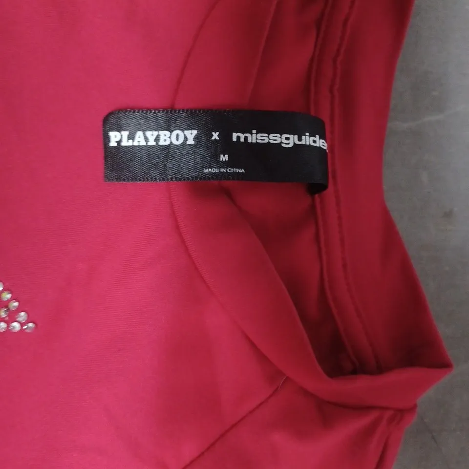 PLAYBOY X MISSGUIDED WOMEN'S PINK CROPPED T-SHIRT – RHINESTONE BUNNY LOGO, SIZE M