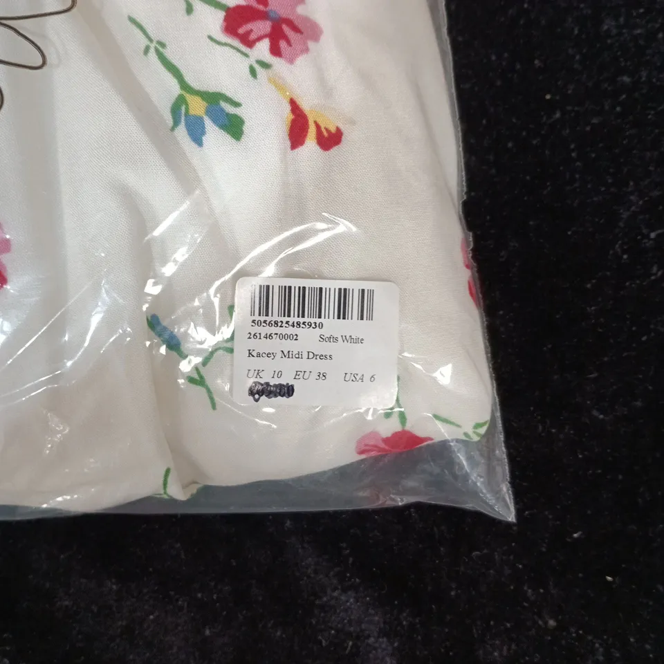 KACEY MIDI DRESS – SOFT WHITE WITH FLORAL PRINT, UK 10 (EU 38)