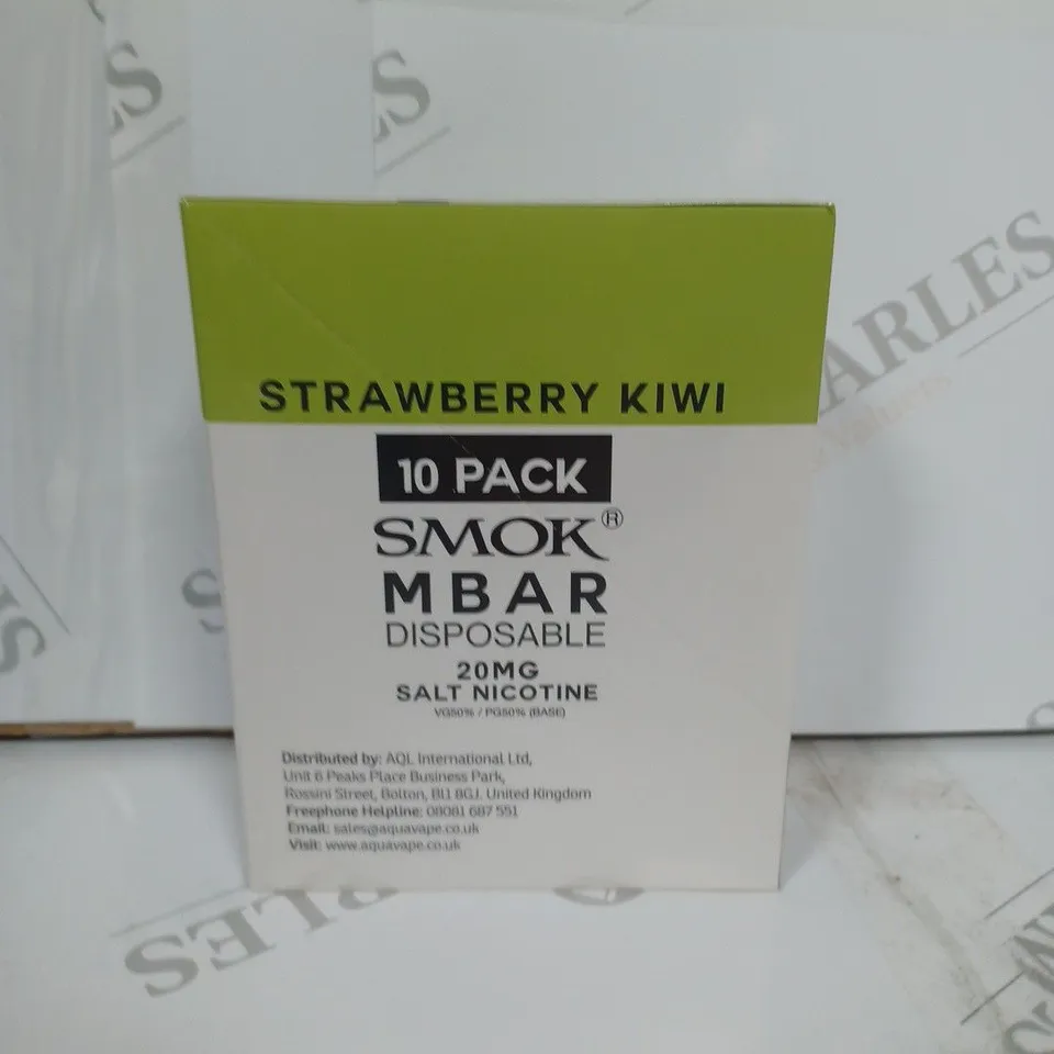 BOX OF APPROXIMATELY 10 BOXES OF STRAWBERRY KIWI 10 PACK SMOK M BAR DISPOSABLE 20MG SALT NICOTINE
