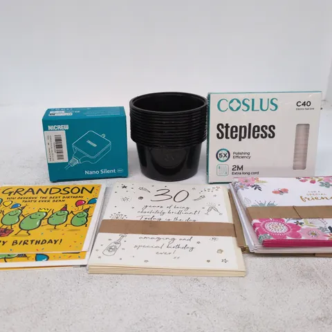 TOTE OF APPROXIMATELY 20 ASSORTED ITEMS TO INCLUDE ASSORTED GREETING CARDS, POTS, ELECTRIC NAIL DRILL, NANO SILENT MINI ETC 