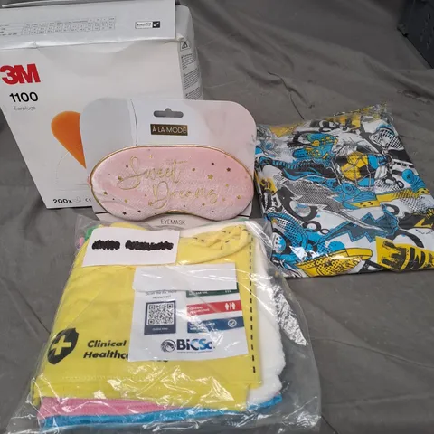 APPROXIMATELY 20 ASSORTED HOUSEHOLD PRODUCTS TO INCLUDE FITTED COT SHEET, 3M EARPLUGS AND A SLEEP EYEMASK