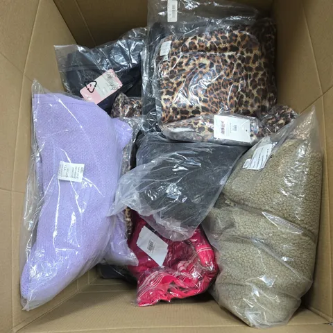 BOX OF APPROXIMATELY 30 ASSORTED CLOTHING ITEMS IN VARIOUS STYLES , COLOURS AND SIZES