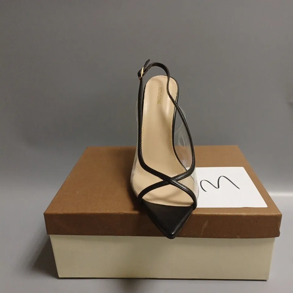 BOXED PAIR OF PRETTY LITTLE THING HEELED ANKLE SANDALS UK SIZE 6 
