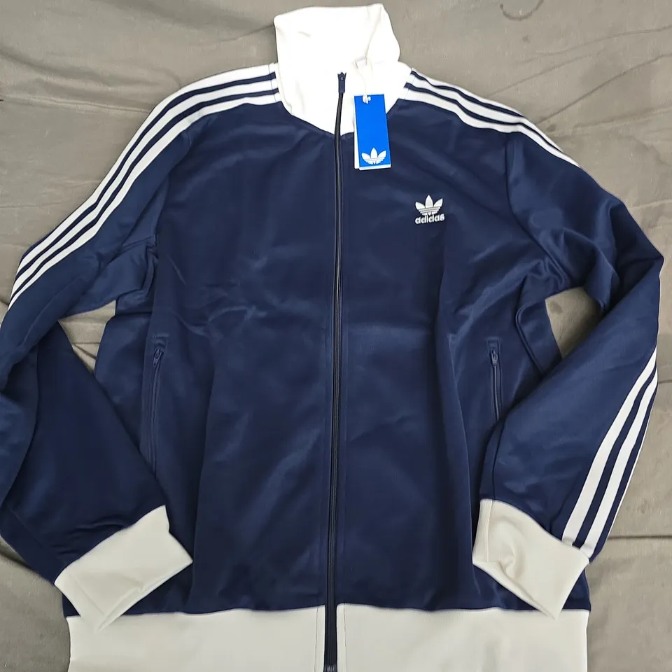 ADIDAS NAVY TRACK JACKET WITH WHITE STRIPES – UK XL