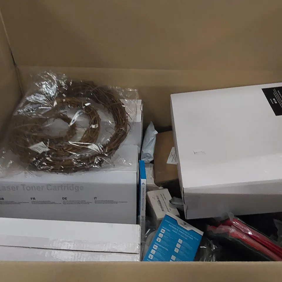 PALLET OF ASSORTED ITEMS INCLUDING: PRINTER CARTRIDGES, GLASS CANDLE HOLDERS, OVEN MATS, USBC CHARGER, CHILDREN'S TOY TOOL KIT, NAIL LAMP, TOOTHBRUSHES 