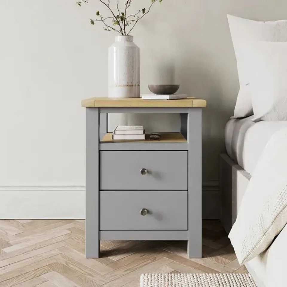 BOXED OLNEY 2 DRAWER BEDSIDE TABLE - GREY (1 BOX)