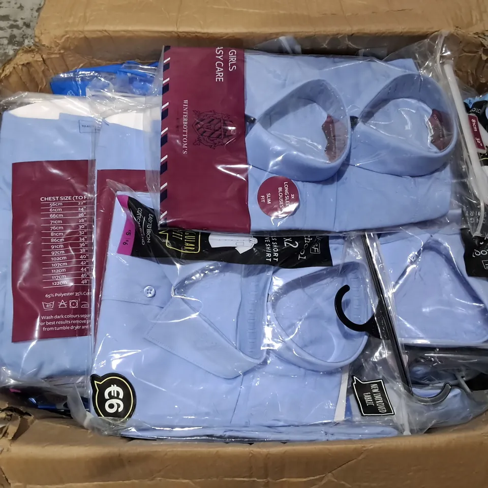 LOT OF APPROXIMATELY 36 ASSORTED 2-PACKS OF BLUE SCHOOL SHIRTS IN VARIOUS SIZES