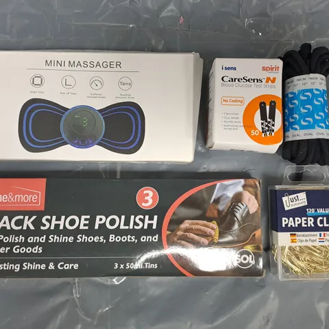 APPROXIMATELY 15 ASSORTED HOUSEHOLD ITEMS TO INCLUDE PAPER CLIPS, BLACK SHOE POLISH, MINI MASSAGER, ETC