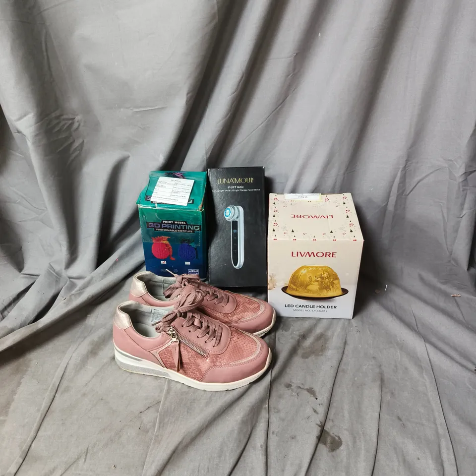 BOX OF APPROXIMATELY 15 ASSORTED ITEMS INCLUDING LED CANDLE HOLDER, 3D PRINT MODEL, LIGHT THERAPY FACIAL DEVICE, TRAINERS ETC