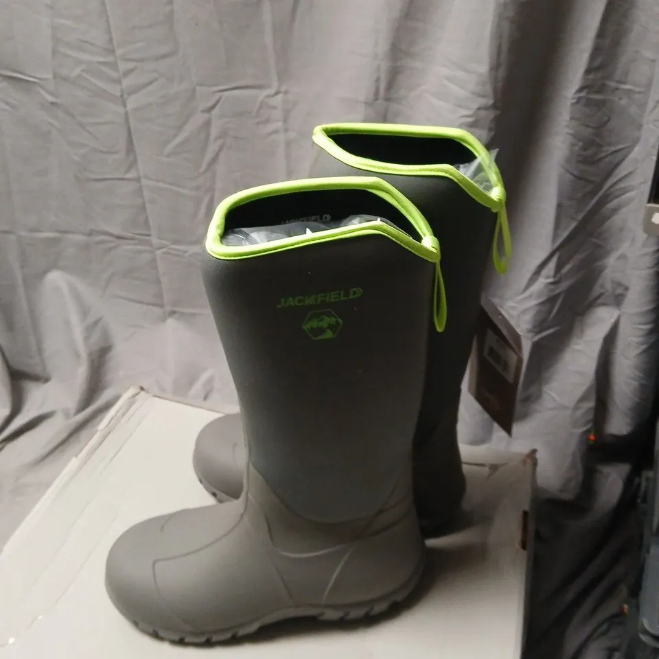 JACK FIELD MEN'S RUBBER WELLINGTON BOOTS – GREY WITH NEON LIME TRIM, UK 7