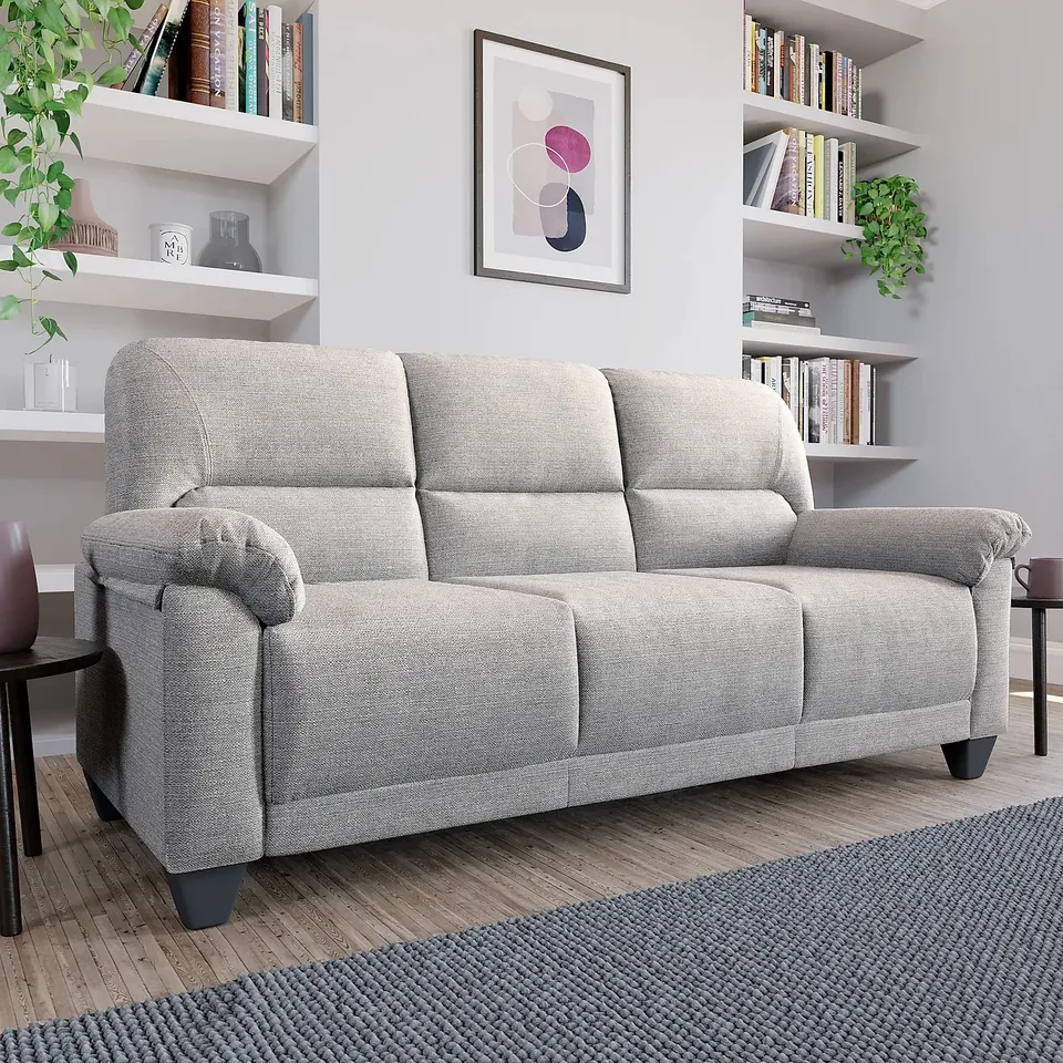 BOXED DESIGNER KENTON SMALL LIGHT GREY FABRIC THREE SEATER SOFA (1 BOX)