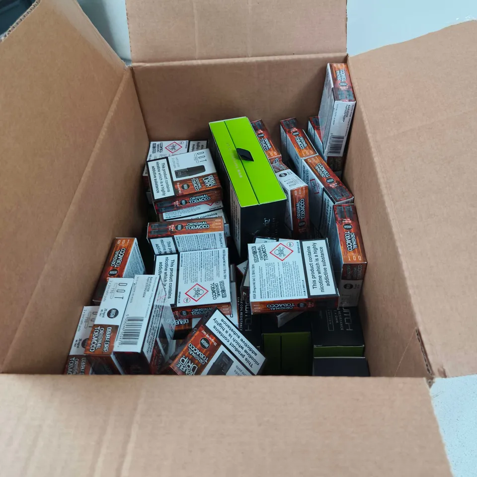 BOX OF APPROXIMATELY 35 ASSORTED E-CIGARETTES AND COMPONENTS TO INCLUDE VAPOURIZ ETC