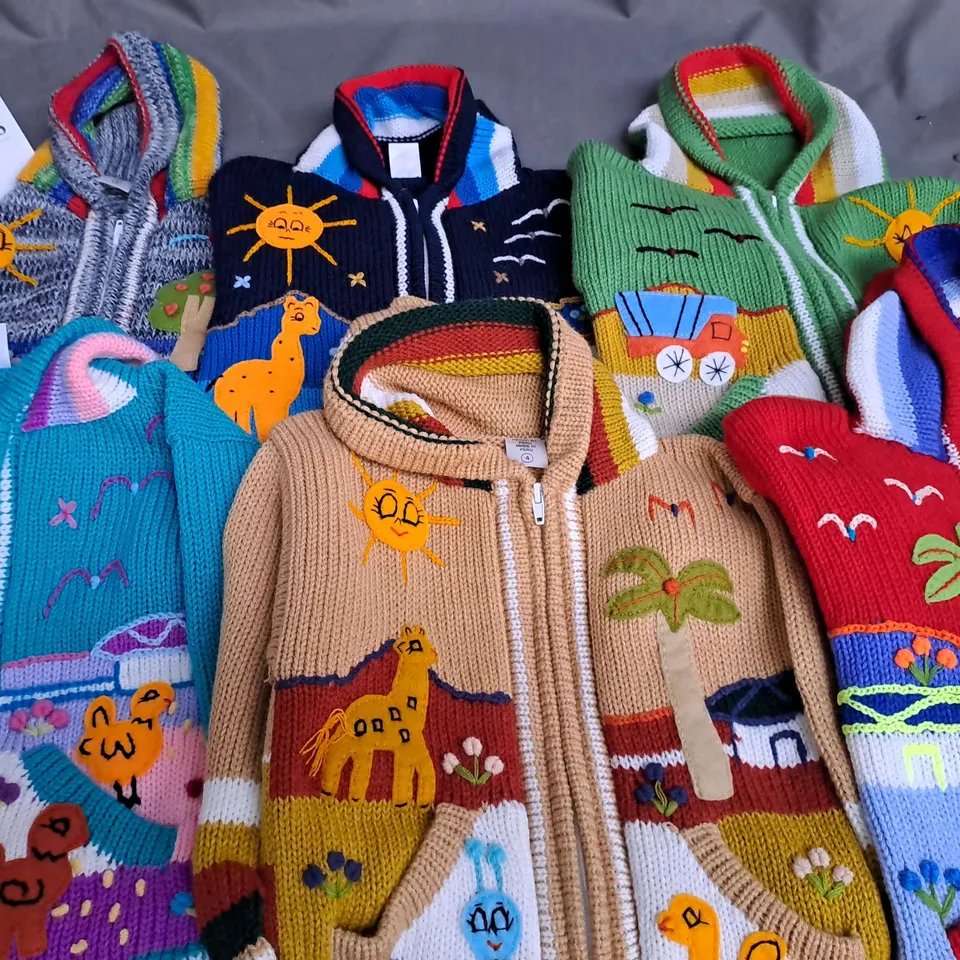 LARGE QUANTITY OF ASSORTED COLOURFUL HANDMADE CHILDRENS CARDIGANS - VARIOUS SIZES