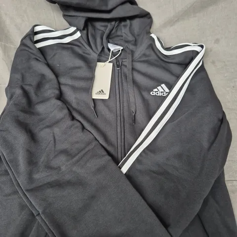 ADIDAS GK9032 TRACK TOP HOODIE – BLACK WITH WHITE 3 STRIPES, UK M