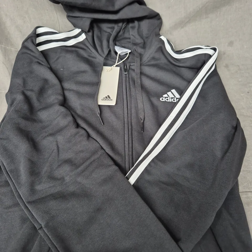 ADIDAS GK9032 TRACK TOP HOODIE – BLACK WITH WHITE 3 STRIPES, UK M