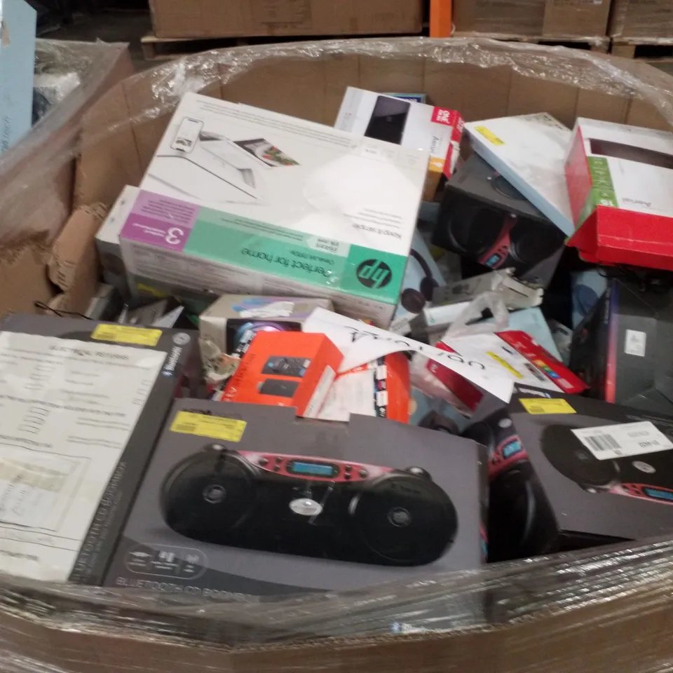 PALLET CONTAINING ASSORTED ELECTRICAL PRODUCTS INCLUDING BLUETOOTH CD BOOMBOX, CANON PIXMA TS3350 PRINTER, AERIALS, HDMI  DVD PLAYER, GAMING SPEAKERS & UNIVERSAL REMOTE