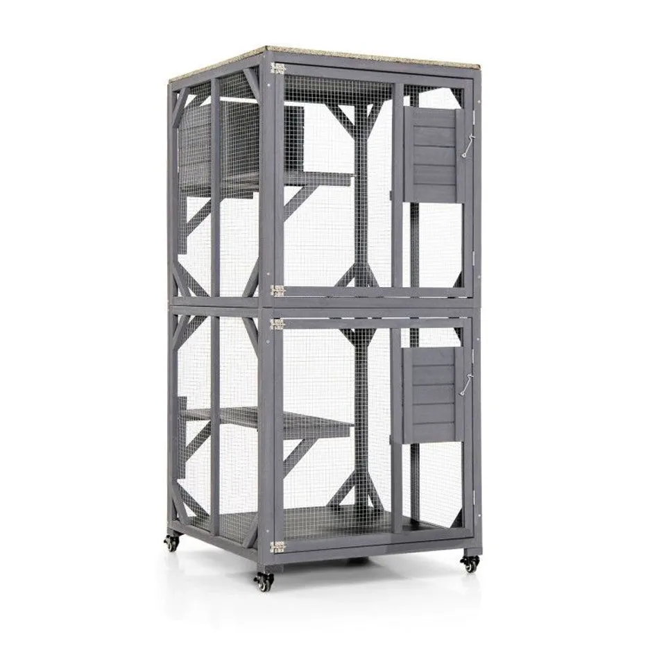 BOXED COSTWAY OUTDOOR CAT CAGES KITTEN HOUSE ENCLOSURES ON WHEELS WITH RESTING BOX