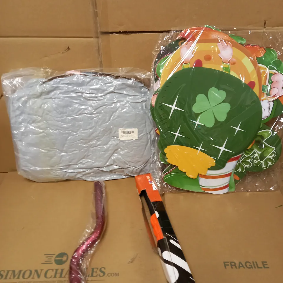 LOT OF APPROXIMATELY 4 HOUSEHOLD ITEMS TO INCLUDE CUSHION BACK SUPPORT, MUSCLE ROLLER, PARTY DECORATIONS ETC