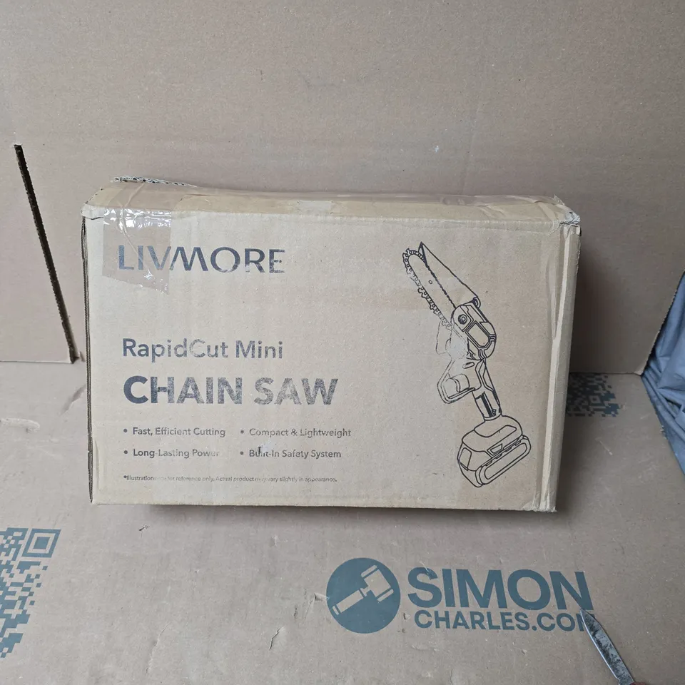 LIVMORE RAPIDCUT MINI CHAIN SAW (BOX) + BLUE 21V CORDLESS CHAINSAW IN CASE (UNKNOWN BRAND)