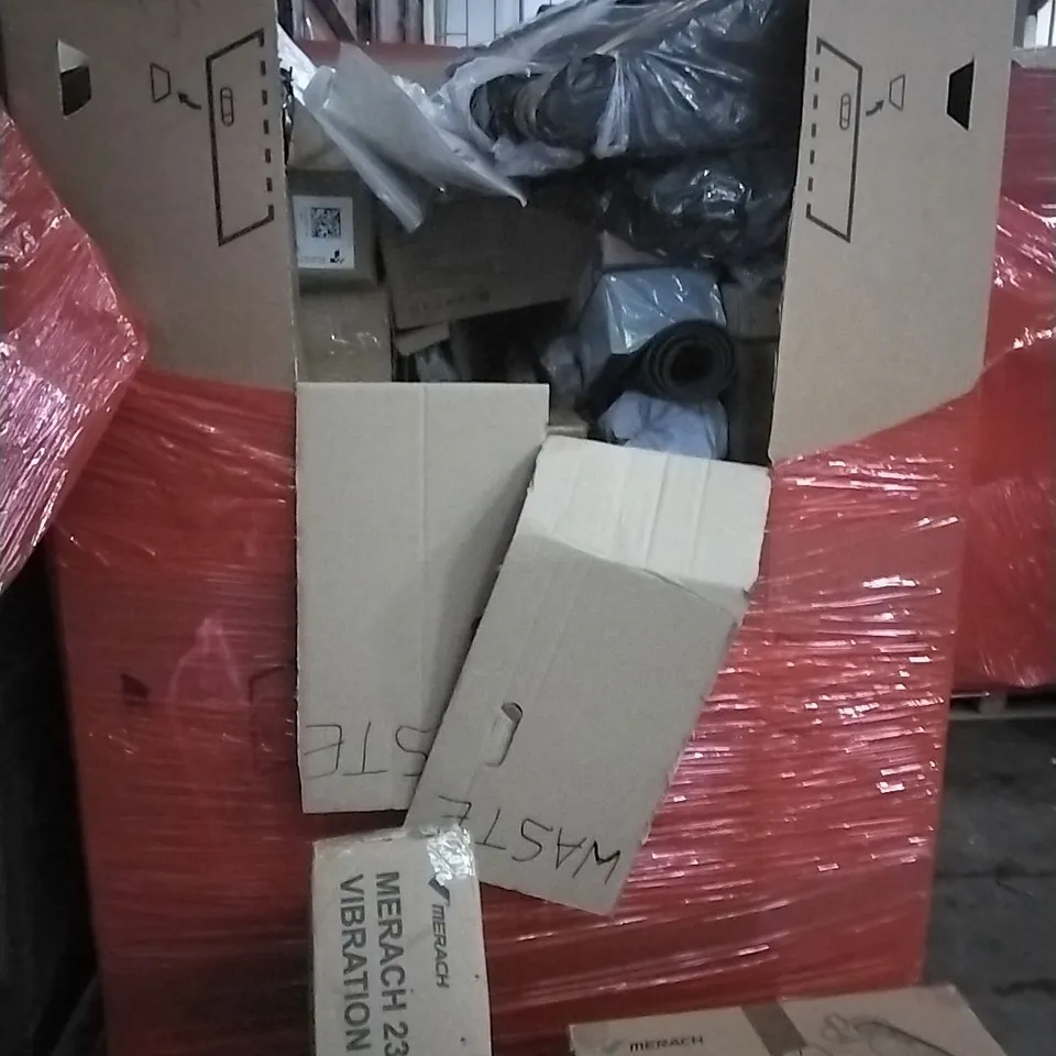 PALLET OF HOUSEHOLD ITEMS TO INCLUDE VIBRATION PLATE, CAMERA DANCE MAT,TRUNKI,UNDER DESK ELECTRIC ELLIPTICAL TRAINER AND OTHER ASSORTED ITEMS...