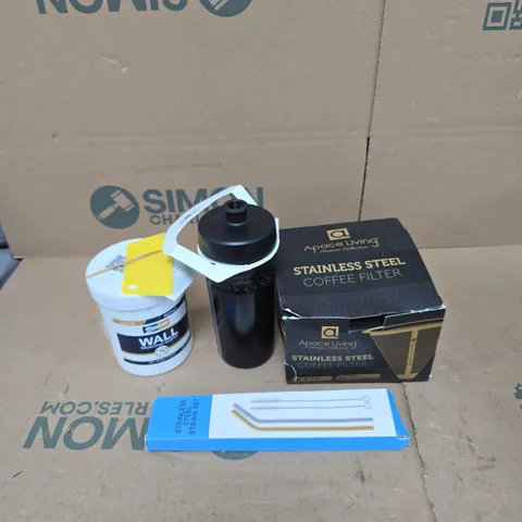 TOTE OF APPROXIMATELY 15 ASSORTED HOUSEHOLD ITEMS TO INCLUDE STRAW SET, WATER BOTTLE, COFFEE FILTER, WALL MENDING AGENT ETC